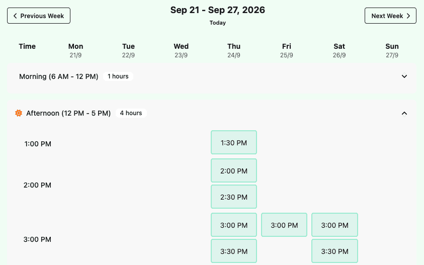 Lesson booking calendar