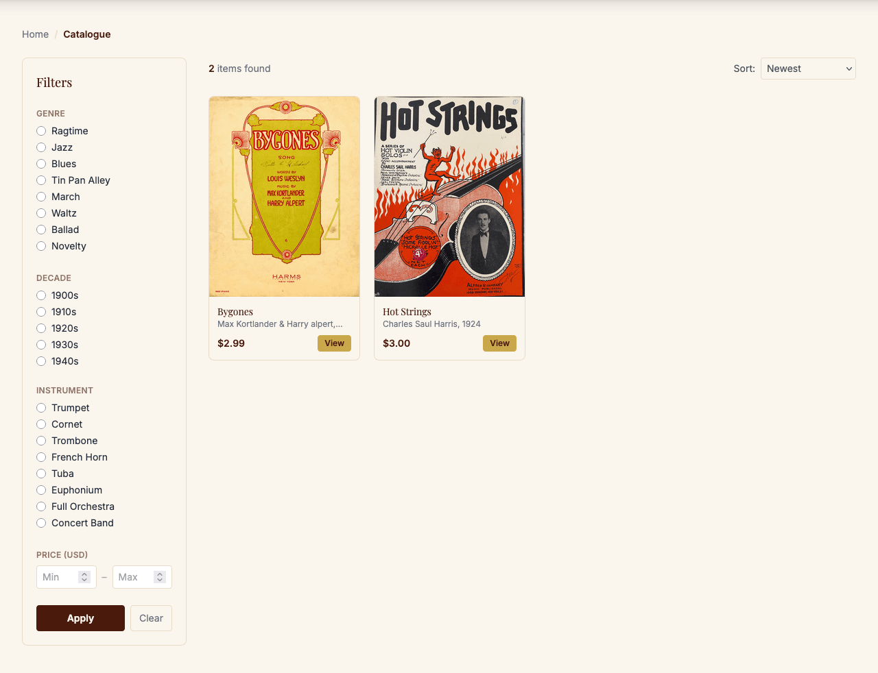 Catalogue with filters